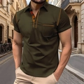 Men's olive green short sleeve Henley polo shirt with orange contrast stitching and chest pocket - Army Green