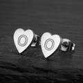 Minimalist silver stainless steel heart-shaped stud earrings featuring engraved letter O - Letter O / Steel