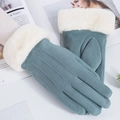 Gants en suédine gris bleu pour femme avec poignets en peluche blanche et écran tactile - Taille unique / Daim Synthétique Trois Lignes Bleu (Double Épais)