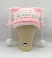 Pink and white striped knit cat ear beanie with handmade star crochet pendants - M (56-58cm) / Pink White Star Pom Poms