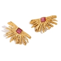 18K gold plated earring with sunburst texture and square pink gemstone centerpiece - Abstract Sunburst Gold with Pink Gemstone Style (E7858)