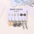 6-pair set of silver ocean style earrings featuring pearls, shells, and starfish charms - Antique Silver (7568)