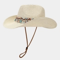 Bohemian wide brim straw sun hat with ethnic bead decorations and turquoise star charms - Two-tone Beige