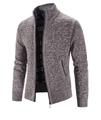 Detailed view of men's knit cardigan with warm plaid fleece lining and zipper closure - M / Tops / Coffee