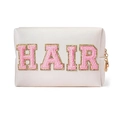 Pochette trucchi beige in pelle PU con scritte HAIR in ciniglia rosa e bordi dorati - Bianco (HAIR)