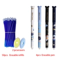 Space themed erasable pen set with 4 pens, 50 blue refills, and 2 erasers for students - Astronaut Style Pens And Refills And Erasers / Black Ink