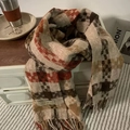 Thick caramel and brown checkered scarf with fringe and CXJ studio woven label - Mosaic Khaki