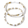 Three-piece Tila bead stretch bracelet with white and gold metallic square beads - White Gold Silver Set of 3