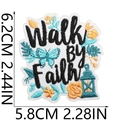 Vista macro del parche bordado Walk By Faith con medidas de tamaño exactas en pulgadas - Patrón walk BY Faith (X3SJ-093-22) / 1 Pieza