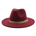 Detail of burgundy fedora hat featuring light brown woven band and silver metal buckle - M (56-58cm) / Burgundy