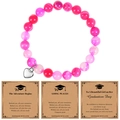 Pink agate beaded bracelet with silver heart pendant and graduation greeting cards - Rose Red Striped Agate (Adventure Begins)