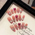 Pink cat eye press-on nails with rose heart gems and 3D butterfly charms set - Extra Small (XS) / Rose Gradient Cat Eye Heart Medium Coffin (2078)