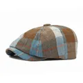 British vintage plaid newsboy cap in brown and blue with short brim for men and women - One Size (Elastic) / Khaki Plaid