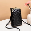 Classic black quilted crossbody phone bag with vintage gold kiss-lock closure and slim strap - Black