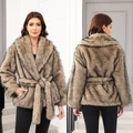 Brown faux fur mid-length coat with waist belt, front and back view, elegant plush style - S / Brown