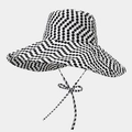 Detail of wide brim polka dot sun hat with decorative windproof bow tie strap - One Size / White