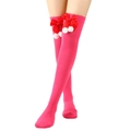Detail of pink over-knee socks featuring red satin bows and white plush pom-poms - One Size / Red Pompom Bowknot Decor / Rose Red