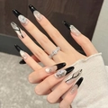 Handmade black French almond press-on nails with silver glitter and rhinestone accents - Black French Silver Glitter Rhinestone Branch (Long Oval) / Large (L)