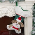 Gestrickter Weihnachtsstrumpf mit süßem 3D Plüschwelpen und rotem Hut für Kamine - Hundemuster Knochenstrumpf
