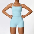 Conjunto de yoga azul claro ajustado con top de cuello cuadrado y pantalones cortos - Camiseta Sin Mangas + Pantalón Corto Azul Cielo / S