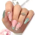 Short almond press-on nails with 24pcs pink and green daisy hand-painted designs - Bz1501 Peach And Plum Blossoms In Full Bloom / Glue Type