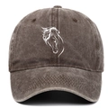 Detail of horse head embroidery on washed cotton fabric of dark brown baseball cap - Adjustable / Coffee