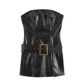 Sleeveless black PU leather strapless top with a wide waist belt and gold buckle - XS / Black