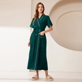 Accappatoio lungo verde scuro da donna con profili bianchi e tessuto a nido d'ape - M / Donna Manica Corta / Verde Pallido