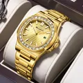 Reloj de cuarzo cuadrado dorado con bisel de cristales y correa de lujo chapada en oro - Acero Dorado Esfera Dorada