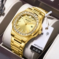 Golden square quartz watch with crystal-encrusted bezel and luxury gold-plated band - Gold Steel Gold Dial