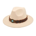 Detail of felt fedora hat featuring woven leather band and turquoise stone ornament - M (56-58cm) / Beige