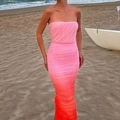 Sleeveless mesh dress featuring a pink to orange gradient and ruffled mermaid silhouette - XS / Pink-Orange Gradient