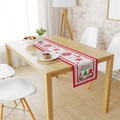 Chemin de table de Noël avec flocons rouges et nains sur texture de lin blanc - XKZQ-04 (Flocon Blanc 3 Gnomes) / 180x33cm