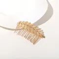 Detailed view of golden metal olive leaf bridal hair comb with fine engraved textures - Metal Hair Comb-Gold / Gold