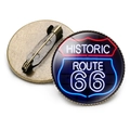 Detailed view of the front and back of the Historic Route 66 glass dome neon style badge pin - Historic Route 66 Neon Style