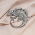 Exquisite silver lizard brooch with gray cat-eye stones and green crystals on satin - Style B Chameleon
