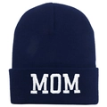Navy blue knitted beanie featuring white MOM embroidery on the folded cuff - MOM / Navy Blue