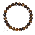 Detailed view of Tiger Eye beaded bracelet with silver cross charm on a clean background - Bless Card / Tiger's Eye