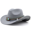 Dettaglio cappello cowboy in feltro grigio con fascia etnica, perline e pendente d'argento - M (56-58 cm) Regolabile / 04 Grigio Chiaro