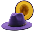 Two-tone wool fedora hat featuring purple exterior, yellow interior and gold chain detail - Purple+Yellow