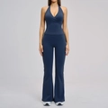 Women's dark navy blue yoga set with halter cross vest and high waisted flared pants - 3109 Vest + 3109 Flare Pants - Badge Blue