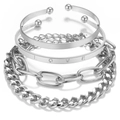Set di 4 bracciali multistrato argentati con incisione LOVE e catene a maglie - Set di Bracciali Rigidi LOVE Argento