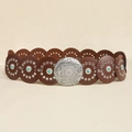 Ceinture en cuir marron avec incrustations turquoise et boucle ronde en argent gravé - Argent Marron Rouge
