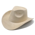 Detail of beige faux suede cowboy hat showing the cattleman crease and reinforced brim stitching - Light Camel