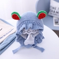 Light blue knit baby hat with red watermelon ears and ruffle lace edge detail - Lake Blue Watermelon - Lined