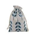 Beige cotton-linen drawstring bag with blue leaf print pattern for jewelry storage - 10x14cm / Blue Leaf