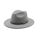 Close-up of a grey wool fedora hat featuring a brown woven band and antique metal buckle - M (56-58cm) / Gray