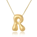 Macro shot of 3D bubble style capital letter R pendant on a thin gold chain necklace - R (D1013)