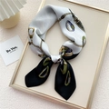 Elegant silk scarf with black and white patterns and golden chain motif for women - Black Jade Chain