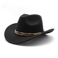 Chapeau de cowboy en feutre noir avec bandes perlées ethniques et bord roulé sur fond blanc - Noir